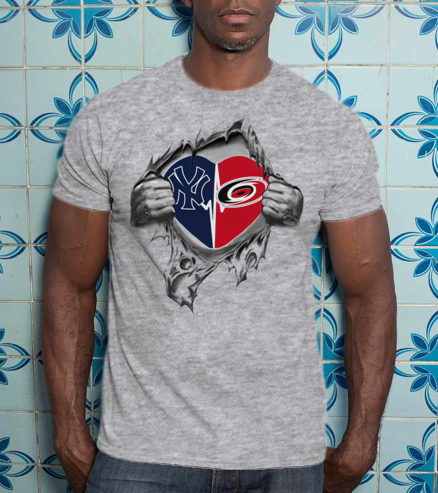 Yankees Carolina Hurricanes Heart Emblem Ripped T-Shirt