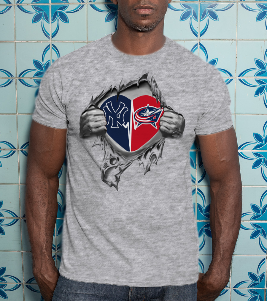 Yankees Columbus Blue Jackets Heart Logo Split With Torn Hands T-Shirt