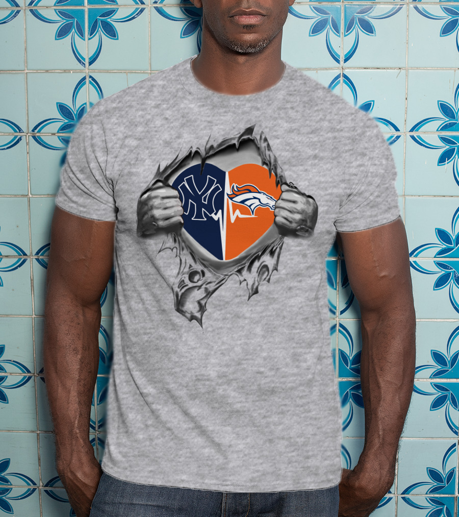 Yankees Denver Broncos Heart Logo With Ripped Effect T-Shirt