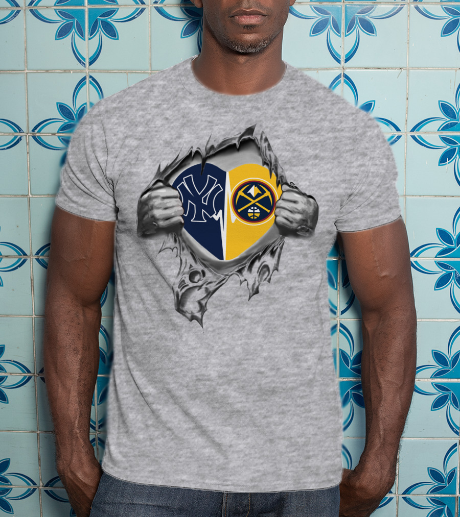 Yankees Denver Nuggets Heart Rip Baseball Basketball Fusion T-Shirt