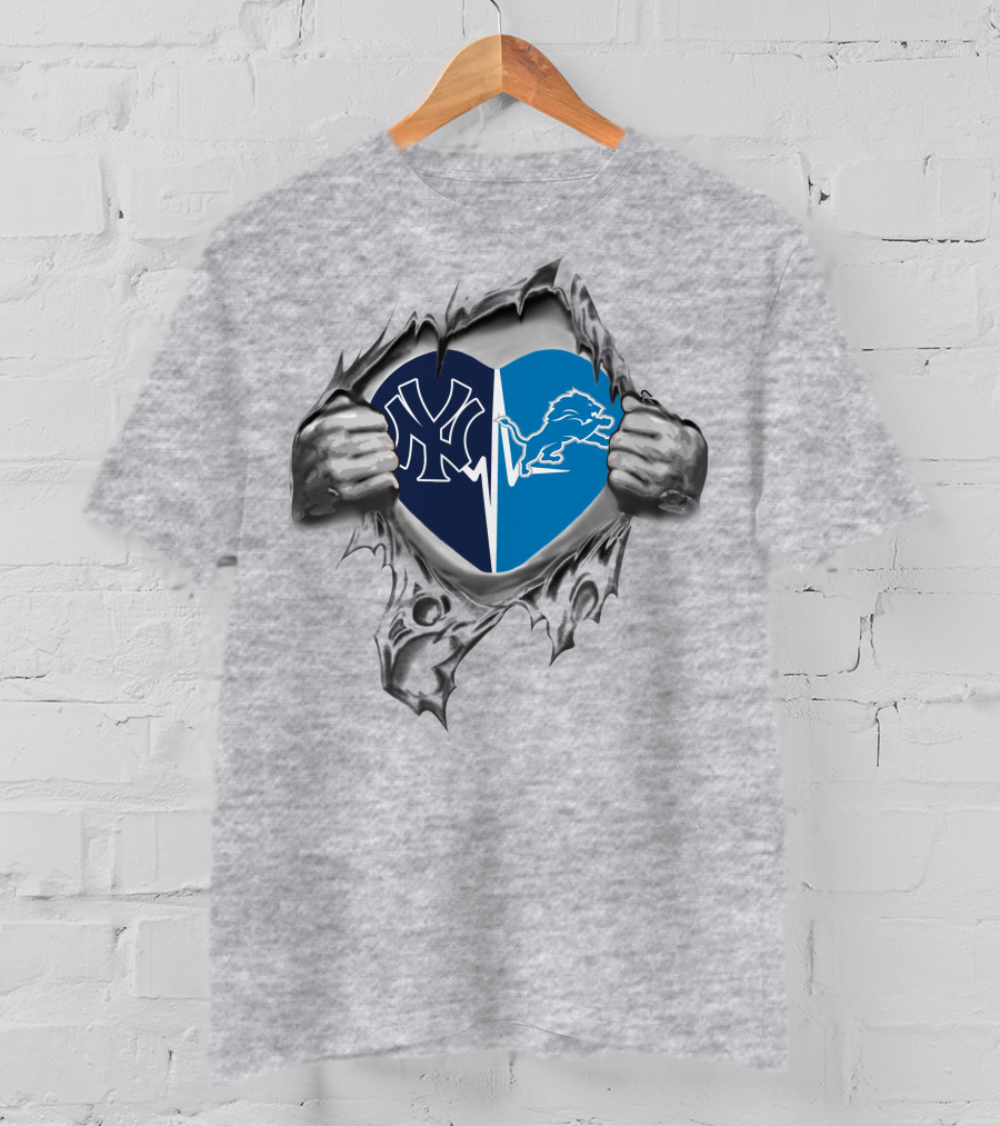 Yankees Detroit Lions Split Heart Emblem In Torn Grey Fabric T-Shirt
