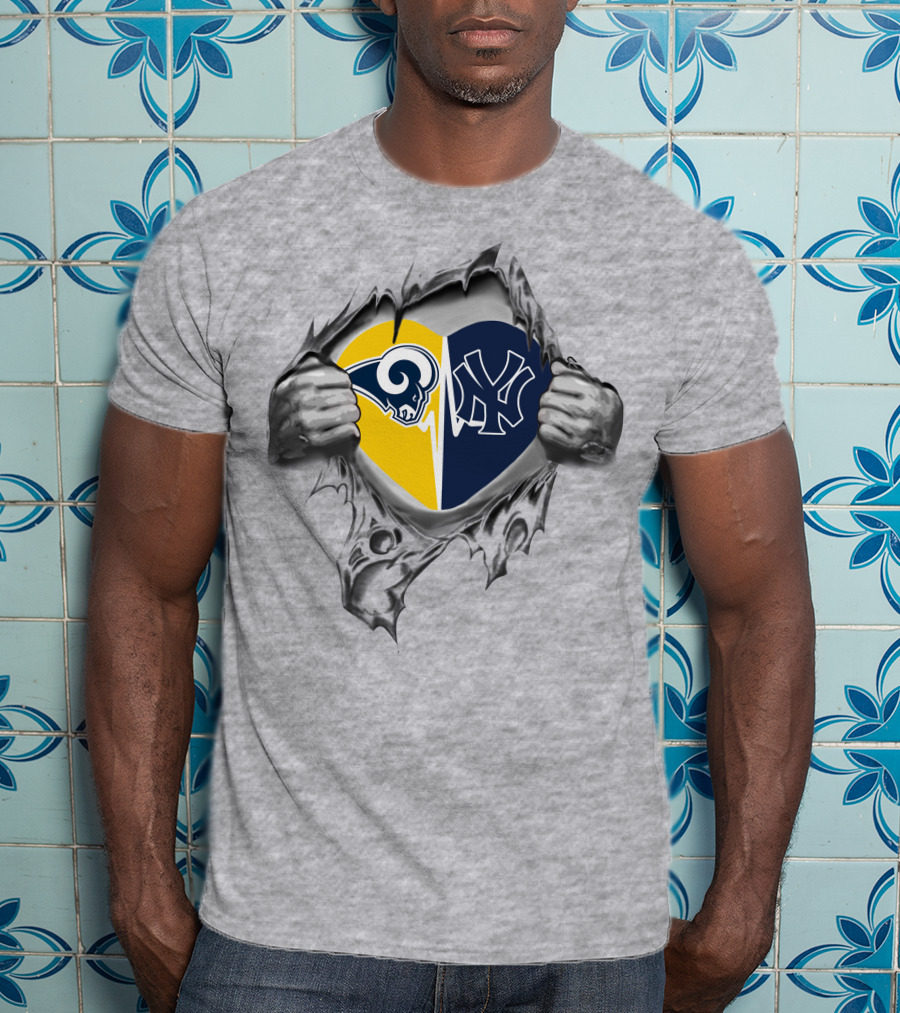 Yankees Los Angeles Rams Heart Symbol In Torn T-Shirt