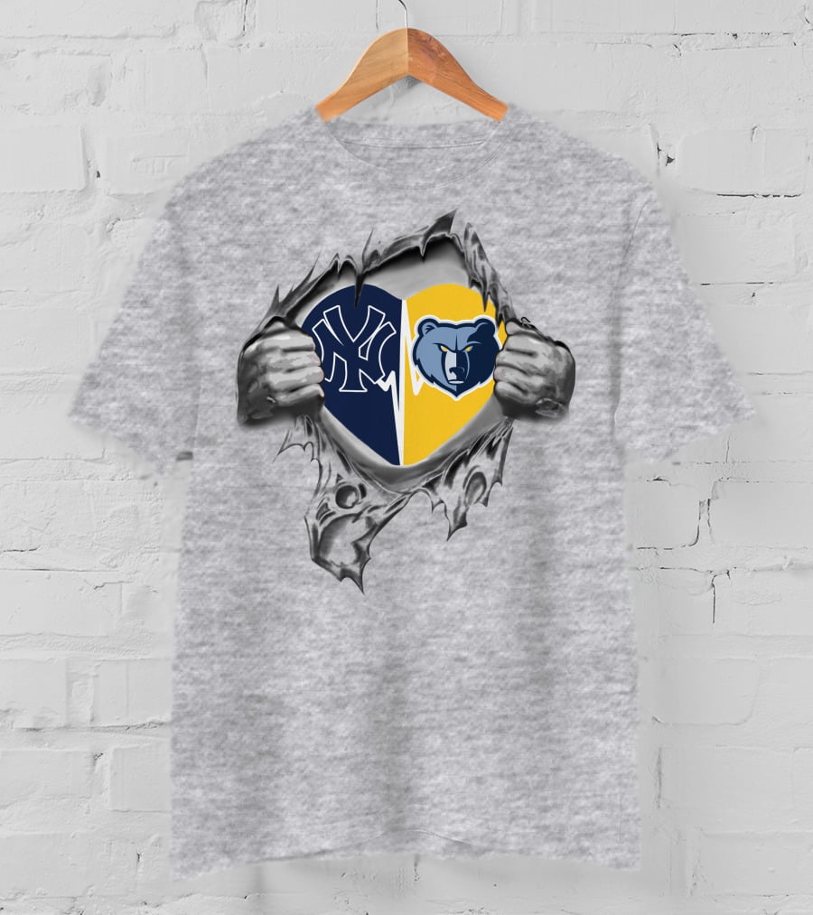 Yankees Memphis Grizzlies Heart With Logos And Torn Ripped Effect T-Shirt