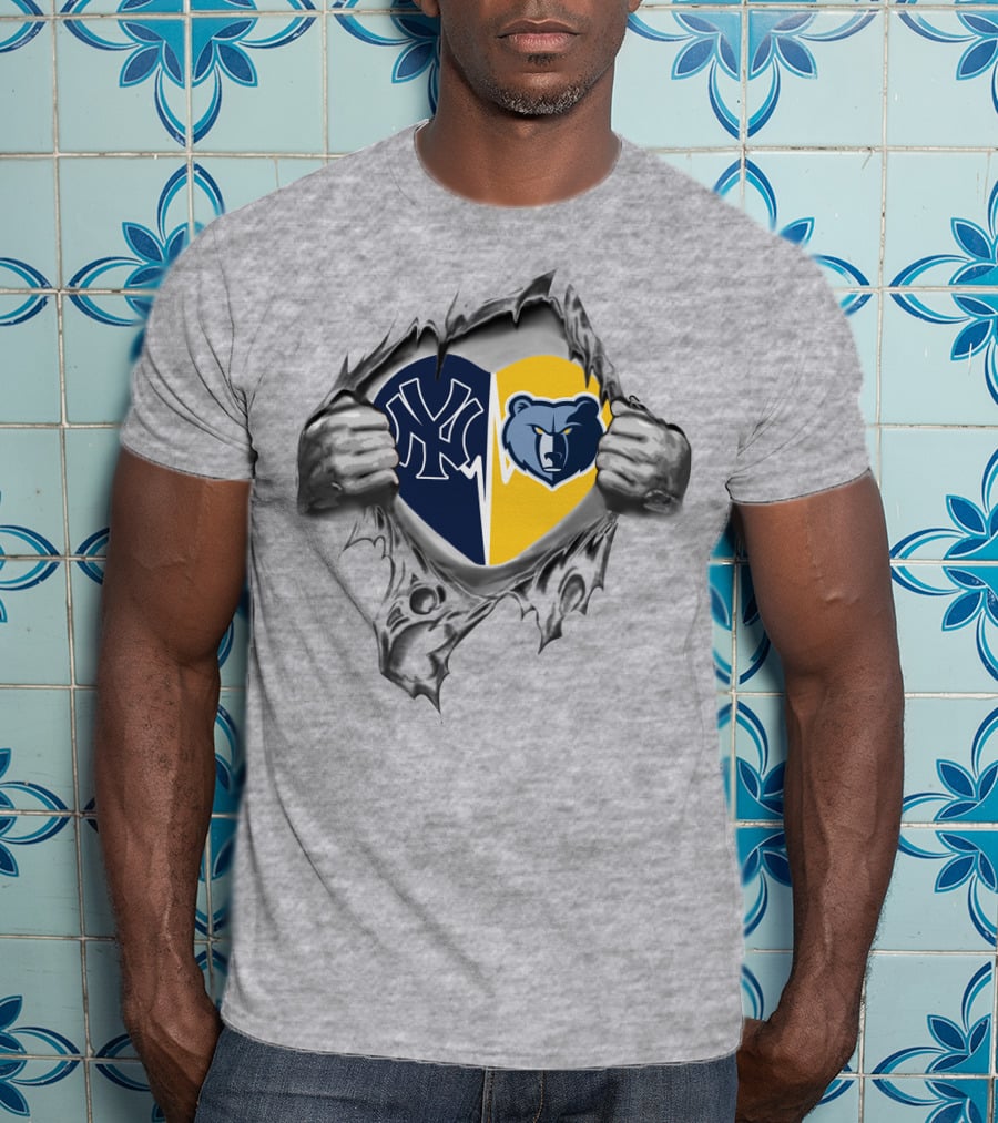 Yankees Memphis Grizzlies Heart With Logos And Torn Ripped Effect T-Shirt