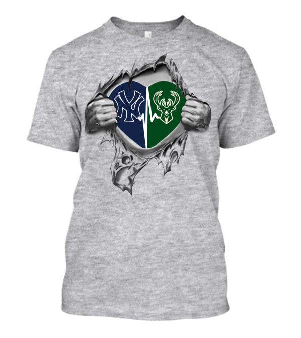 Yankees Milwaukee Bucks Heart Design Dual Sports Loyalty T-Shirt
