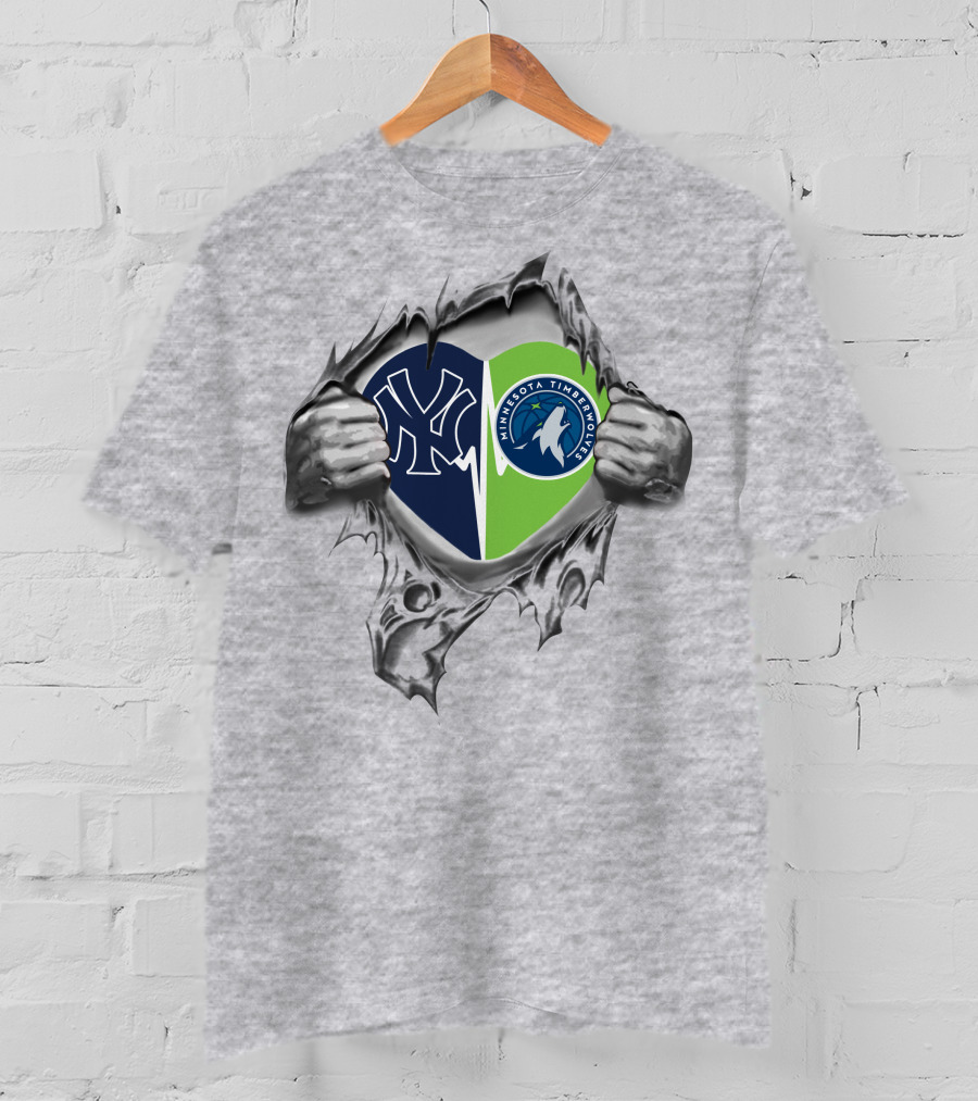 New York Yankees Minnesota Timberwolves Heart Logo Torn T-Shirt