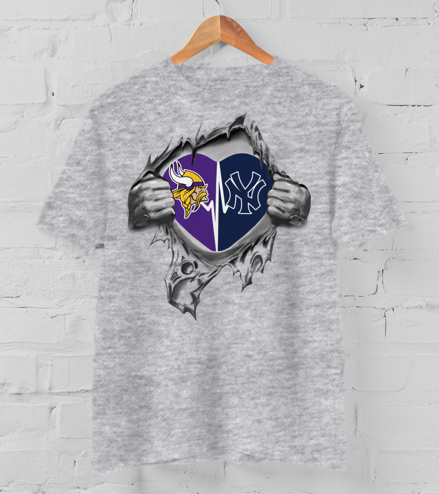 Yankees Minnesota Vikings Heart Symbol With Torn Effect And Logos T-Shirt