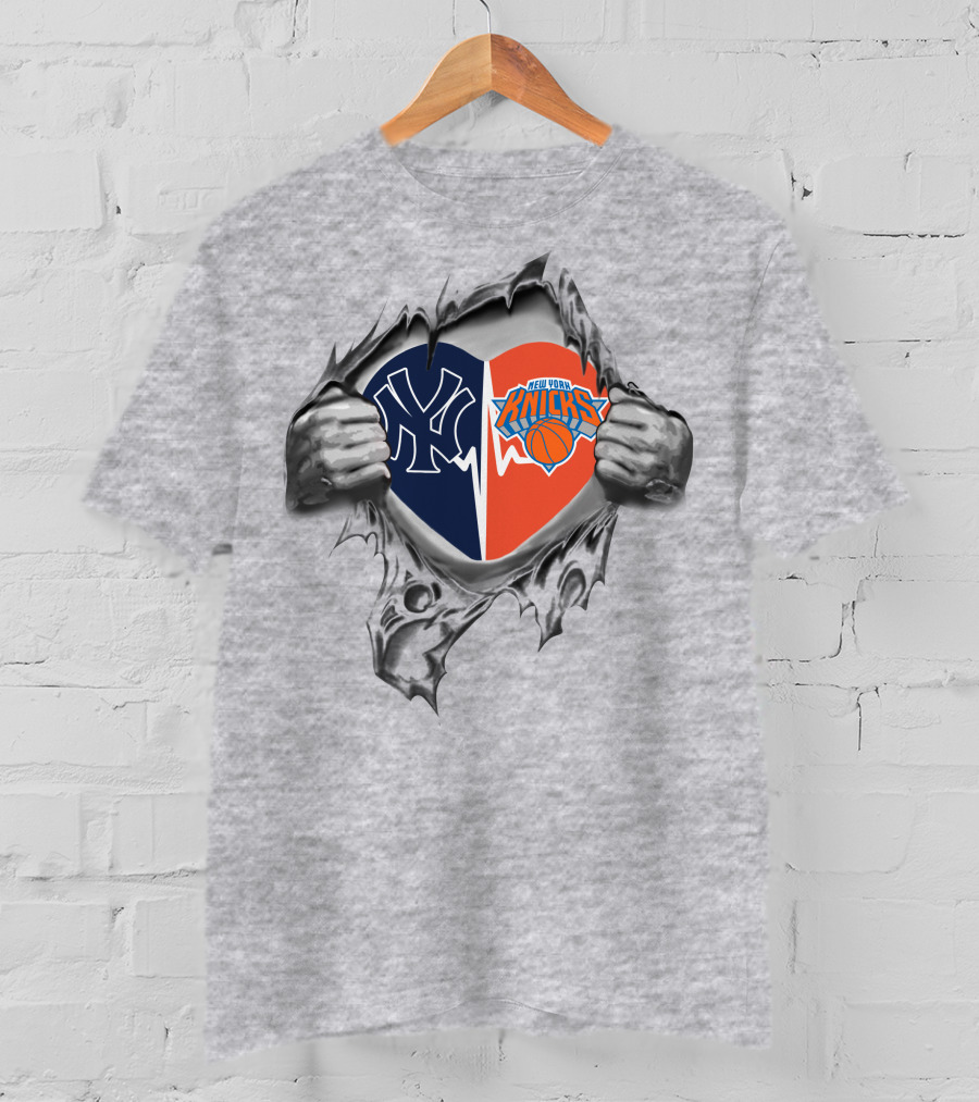 Yankees New York Knicks Heart Icon With Torn T-Shirt