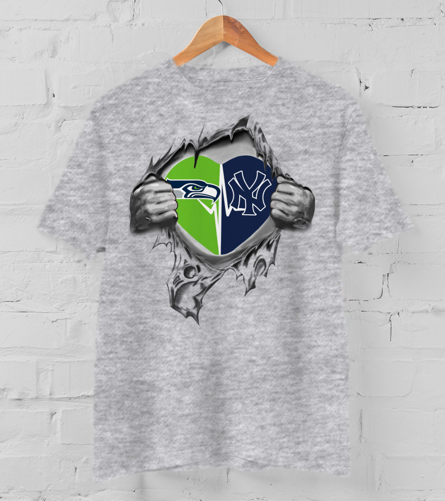 Yankees Seattle Seahawks Heart Passion Dual Allegiance T-Shirt