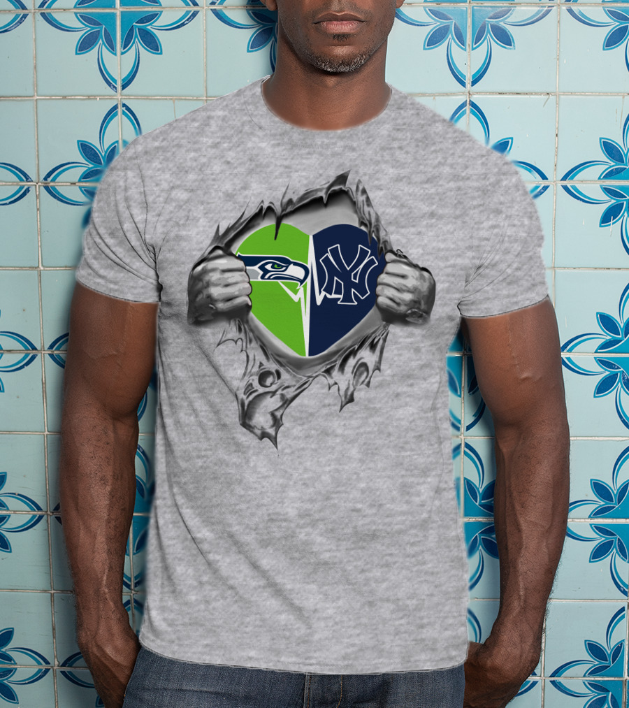 Yankees Seattle Seahawks Heart Passion Dual Allegiance T-Shirt