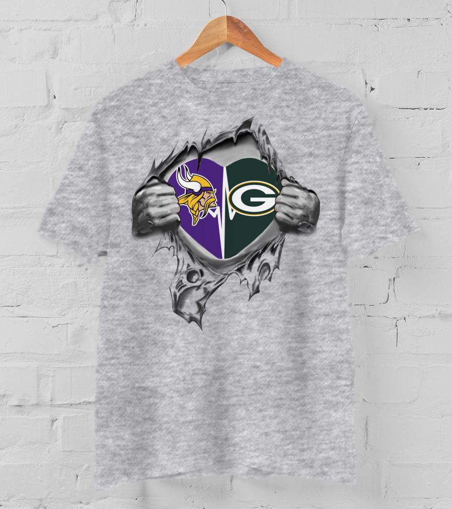 Vikings Packers Heart Logo With Split Sports Allegiance T-Shirt