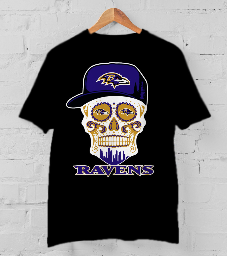 Baltimore Ravens Skull With Cap And Logo Elements T-Shirt