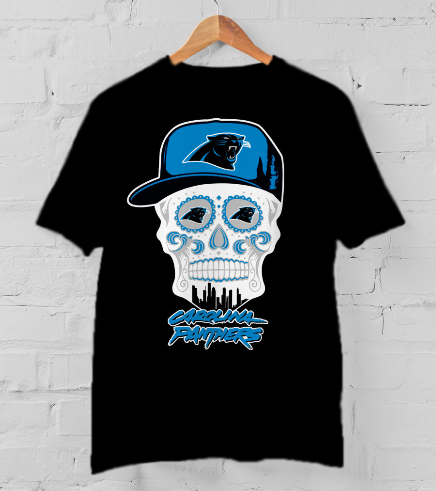 Carolina Panthers Skull With Hat And Skyline T-Shirt