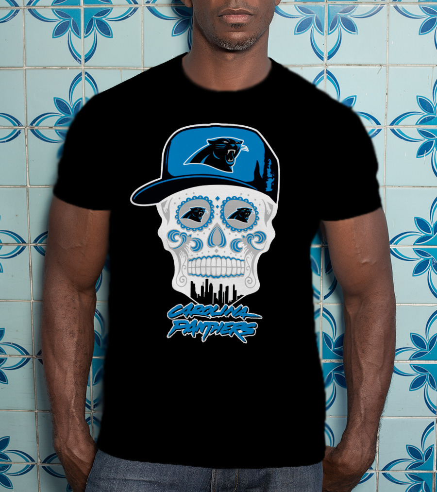 Carolina Panthers Skull With Hat And Skyline T-Shirt