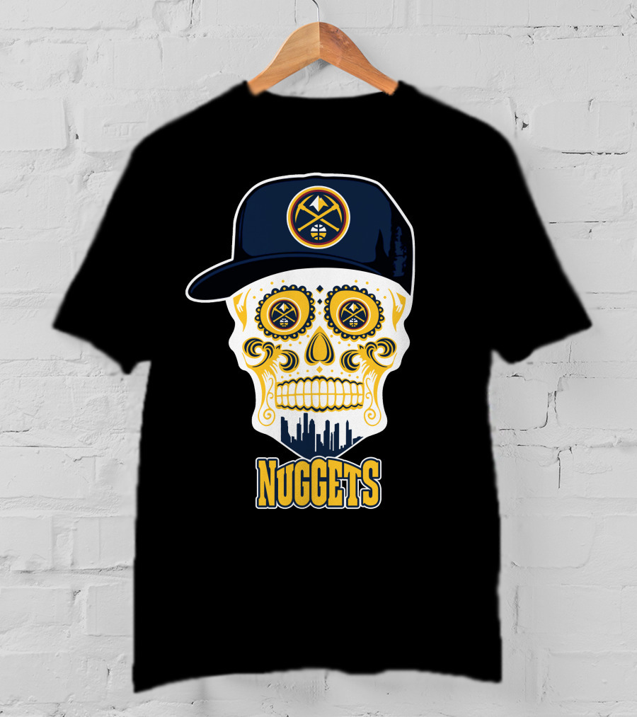 Denver Nuggets Skull Design With Cap And City Silhouette T-Shirt