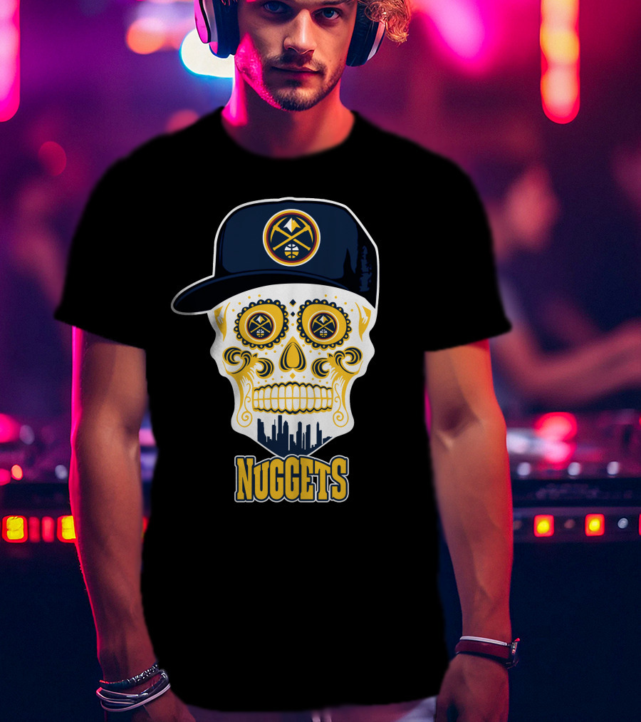 Denver Nuggets Skull Design With Cap And City Silhouette T-Shirt