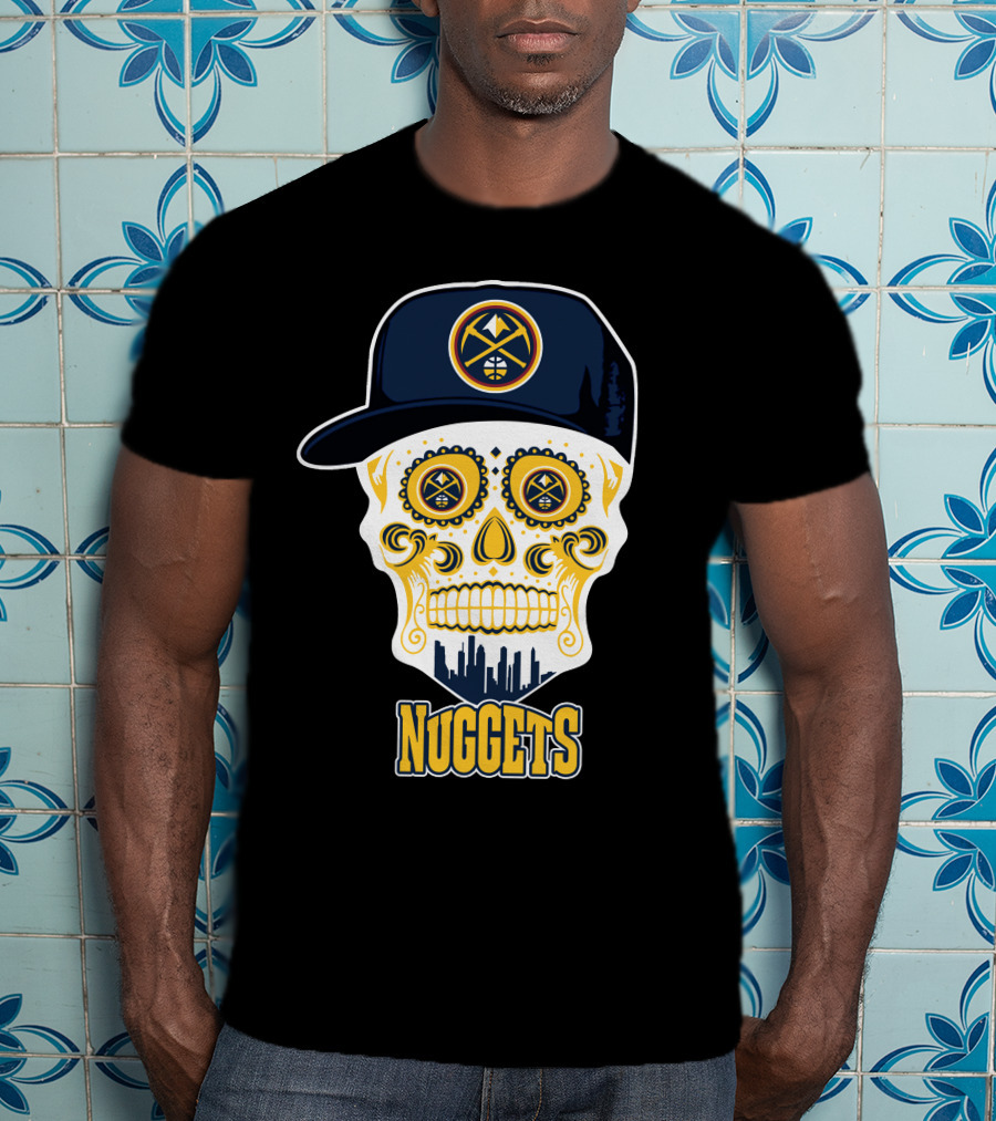 Denver Nuggets Skull Design With Cap And City Silhouette T-Shirt