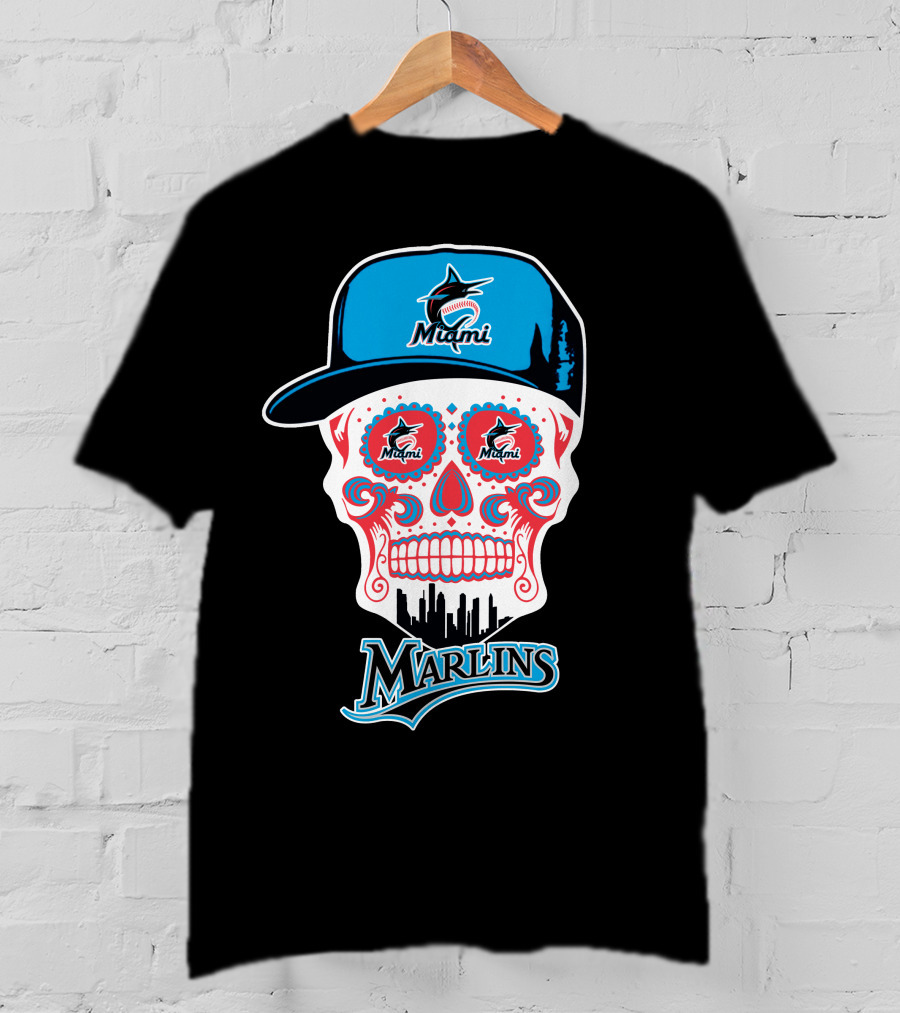 Miami Marlins Skull With Cap And Cityscape Motif T-Shirt
