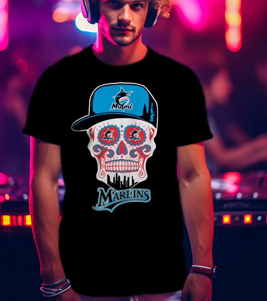 Miami Marlins Skull With Cap And Cityscape Motif T-Shirt