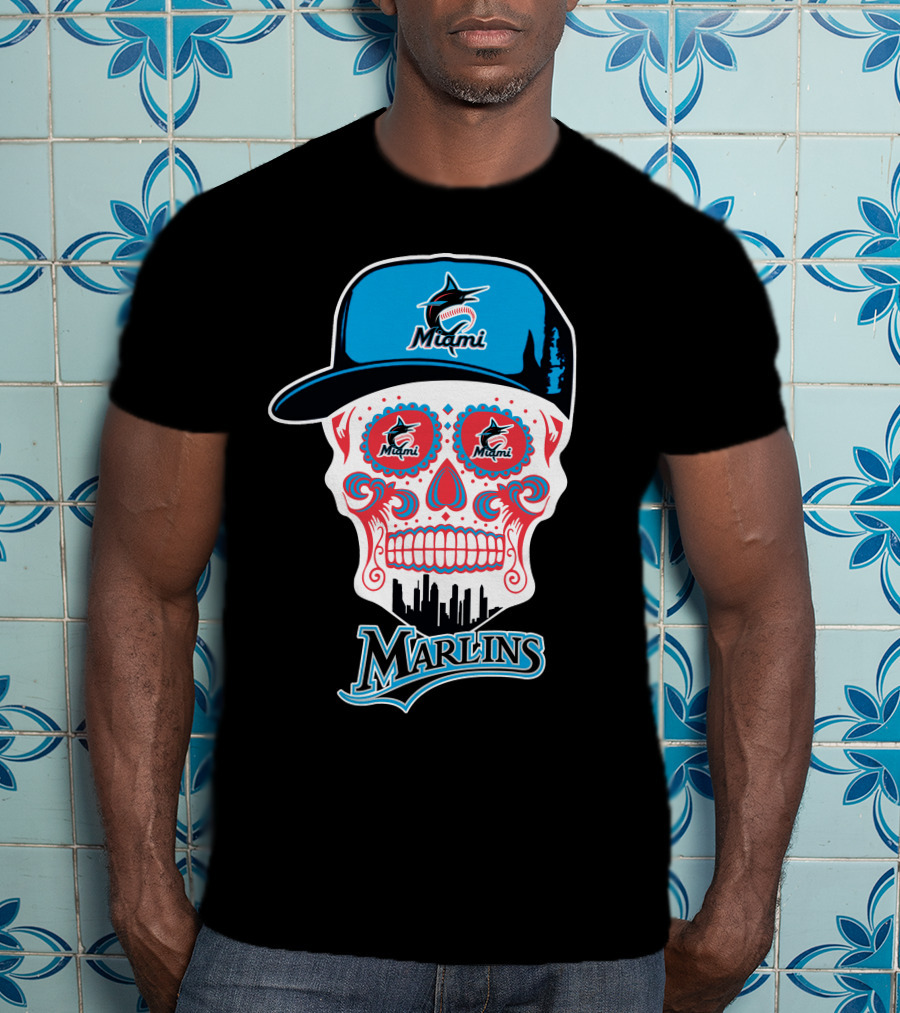 Miami Marlins Skull With Cap And Cityscape Motif T-Shirt