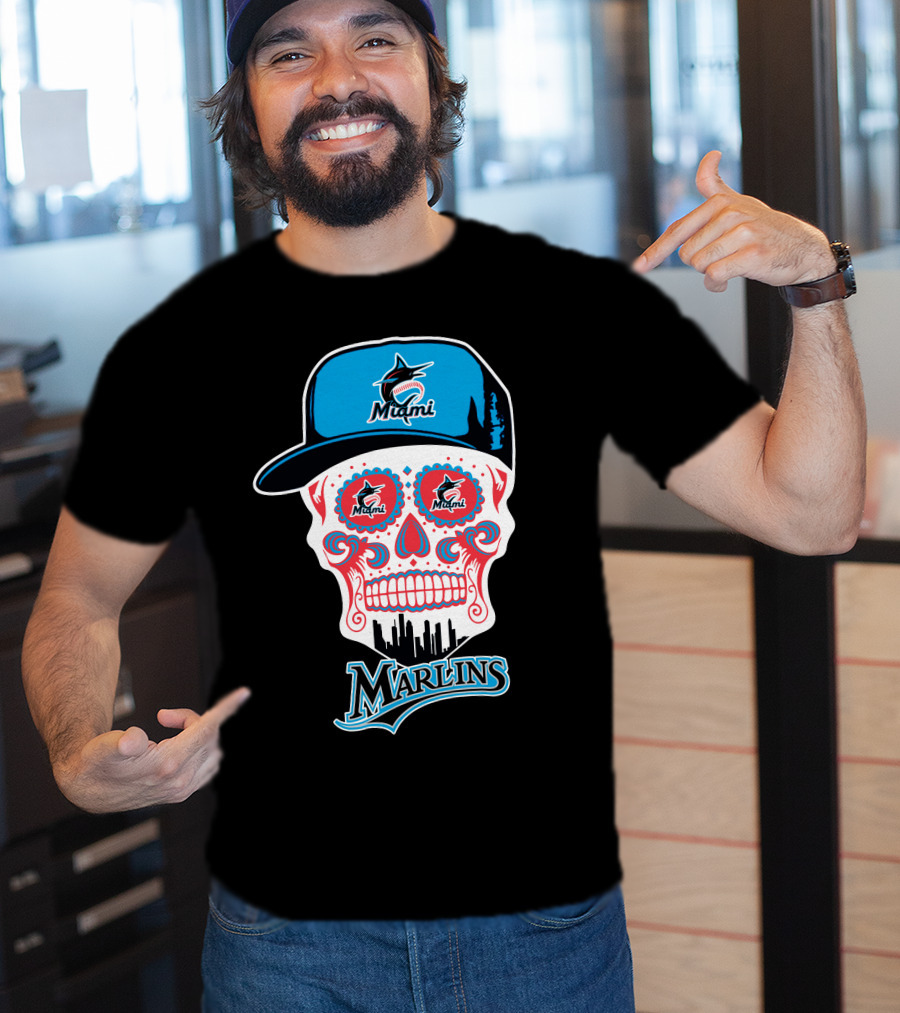 Miami Marlins Skull With Cap And Cityscape Motif T-Shirt