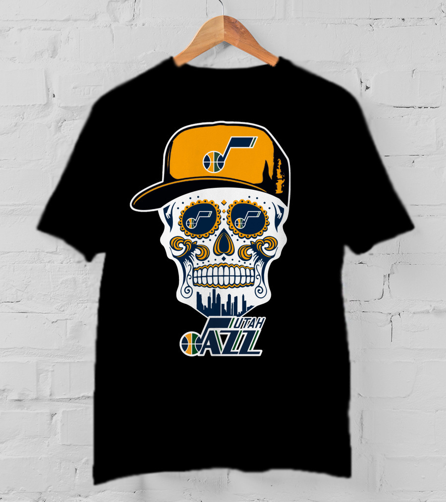 Utah Jazz Skull With City Skyline And Jazz Logo Cap T-Shirt
