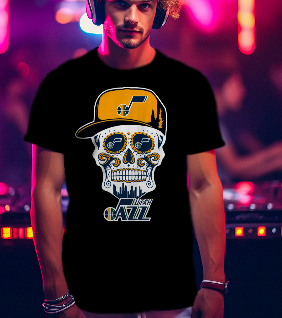 Utah Jazz Skull With City Skyline And Jazz Logo Cap T-Shirt