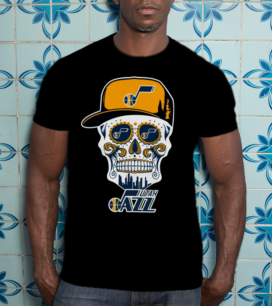 Utah Jazz Skull With City Skyline And Jazz Logo Cap T-Shirt