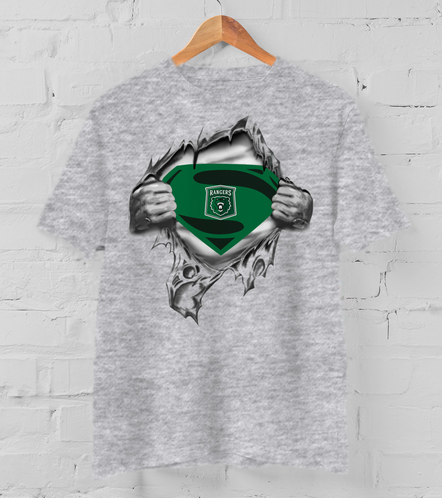 Rangers Superman Logo With Bear Emblem Design Peeking Through Torn Fabric T-Shirt