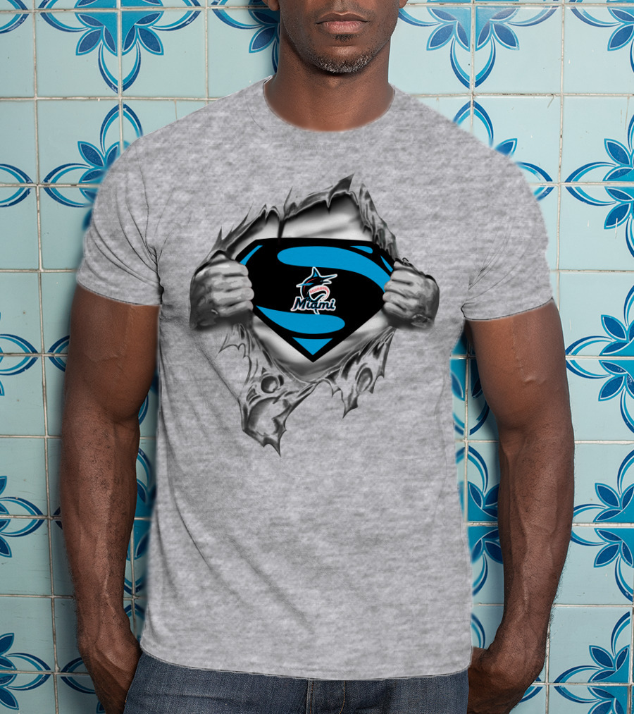 Miami Marlins Superman Emblem With Torn Fabric T-Shirt