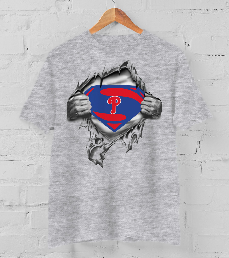 Phillies Superman Logo Tear Gray T-Shirt