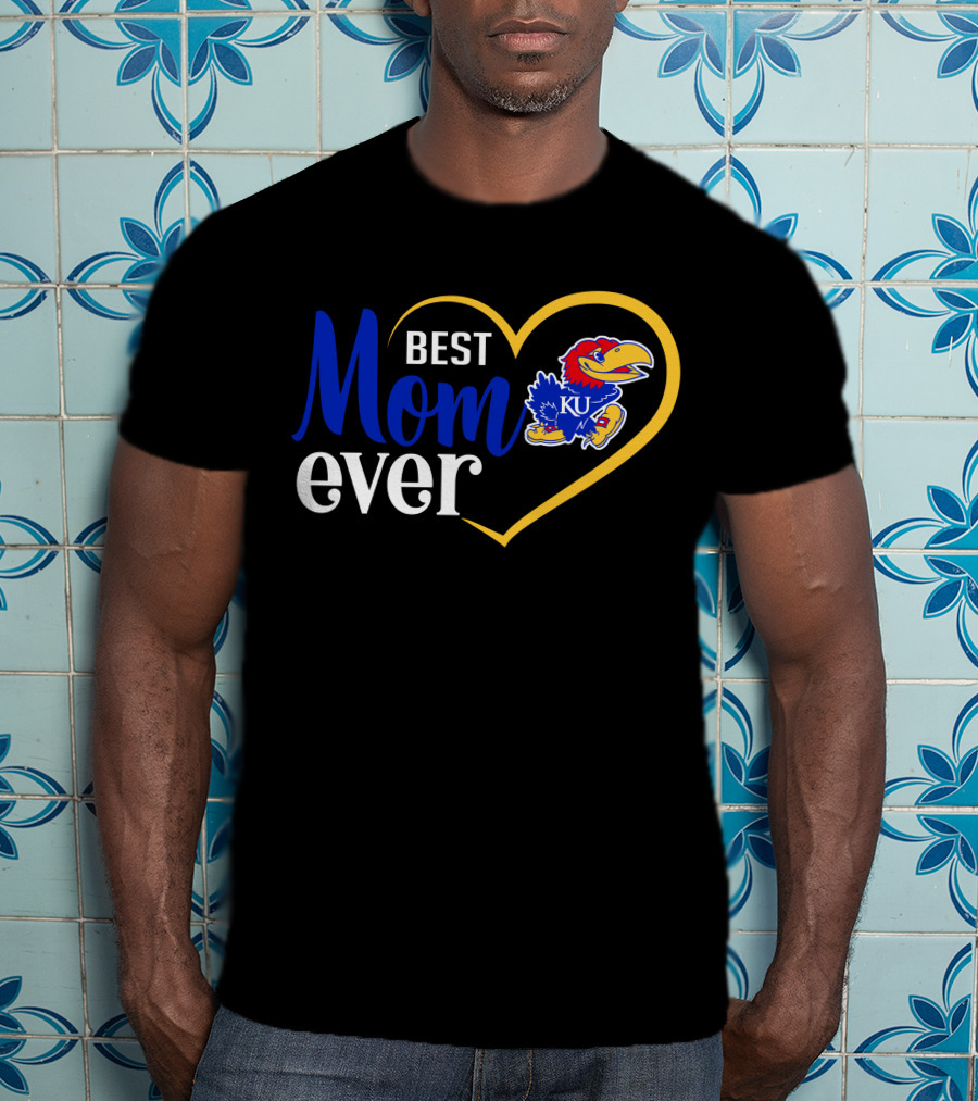 Kansas Jayhawks Best Mom Ever Heart Emblem Ku T-Shirt
