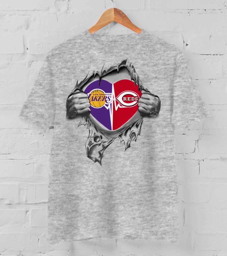 Los Angeles Lakers Cincinnati Reds Heart Split Fan Passion T-Shirt