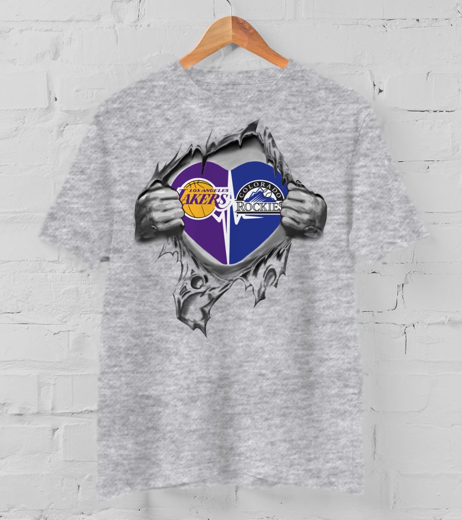 Los Angeles Lakers Colorado Rockies Heart Symbol With Hands Tearing Through Material T-Shirt