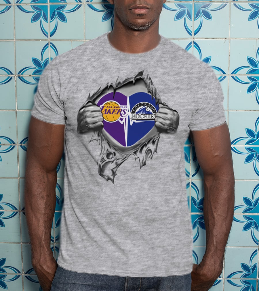 Los Angeles Lakers Colorado Rockies Heart Symbol With Hands Tearing Through Material T-Shirt