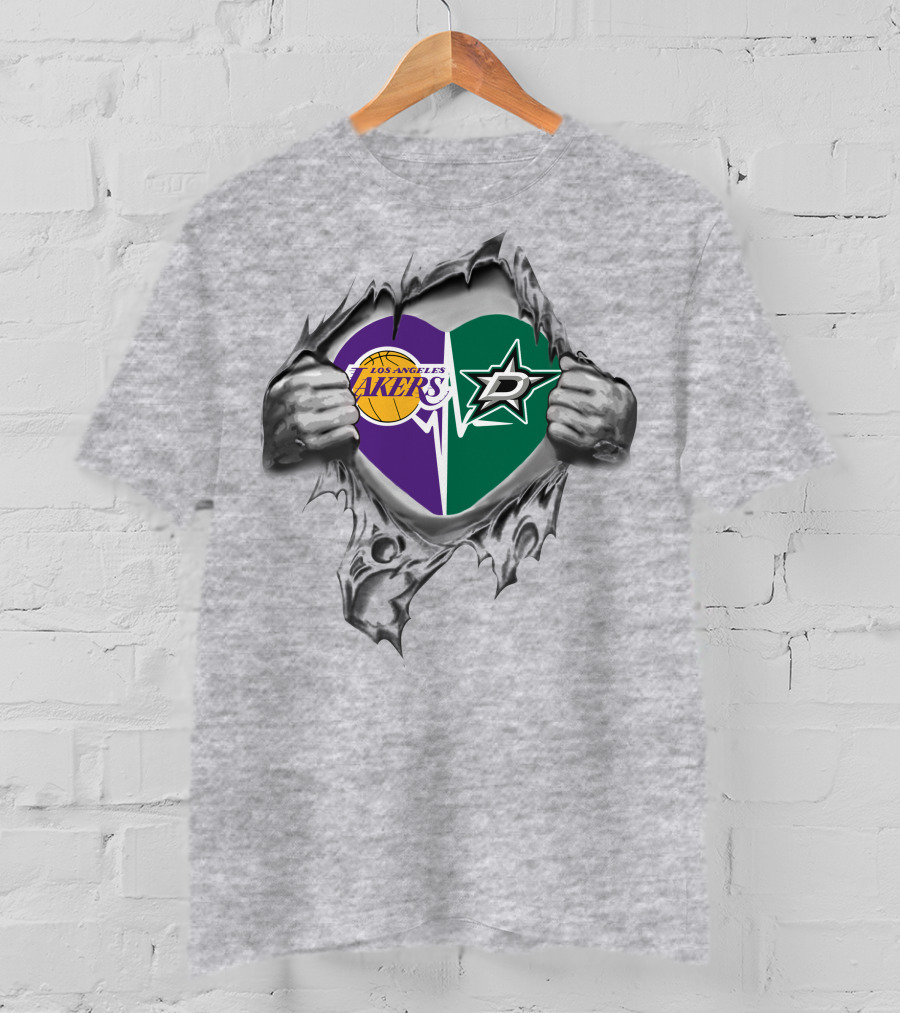 Los Angeles Lakers Dallas Stars Heart Symbol With Torn Hands T-Shirt