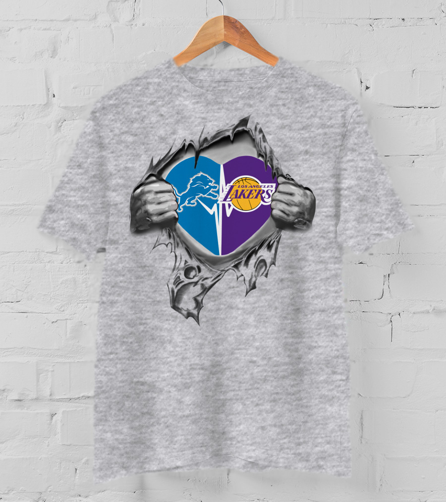 Los Angeles Lakers Detroit Lions Heart Symbol With Torn Metal Effect T-Shirt