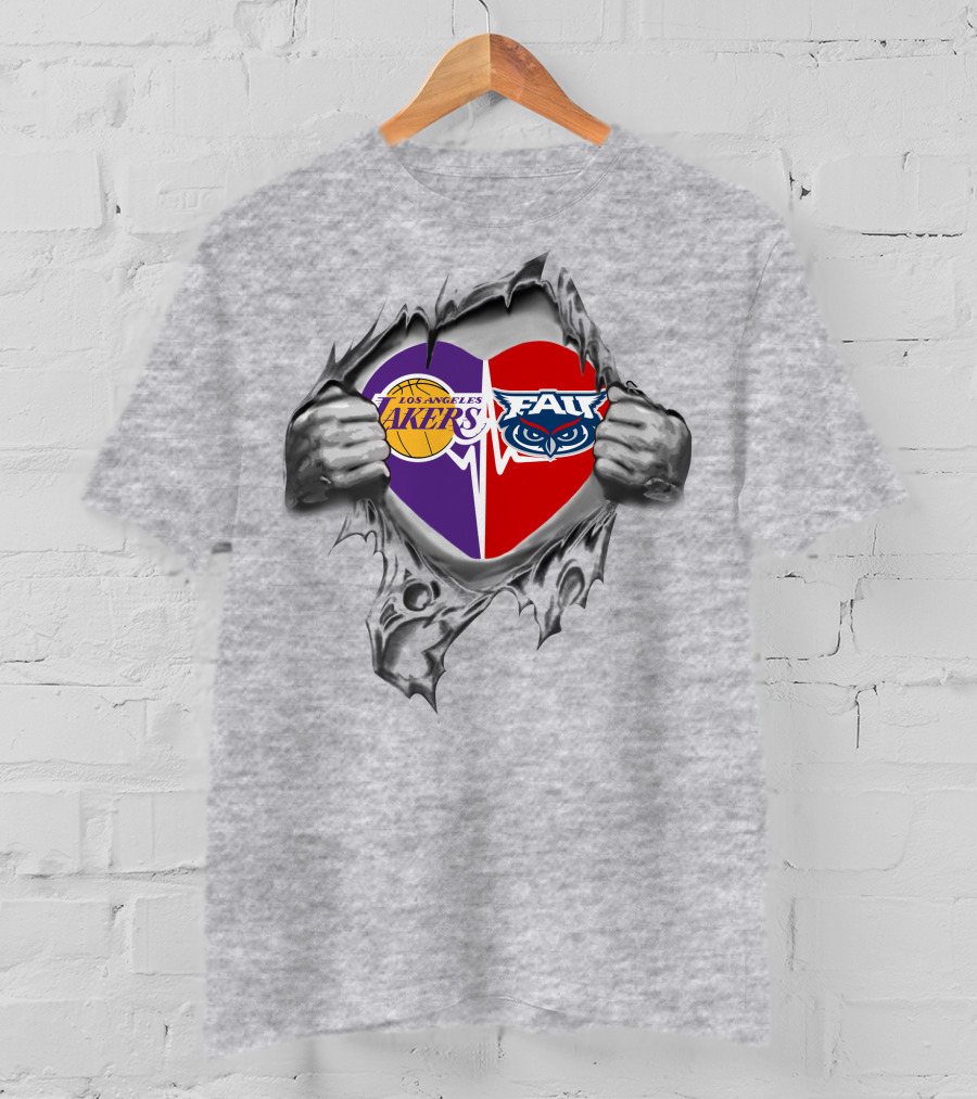 Los Angeles Lakers Florida Atlantic Owls Heart Logo Fusion T-Shirt