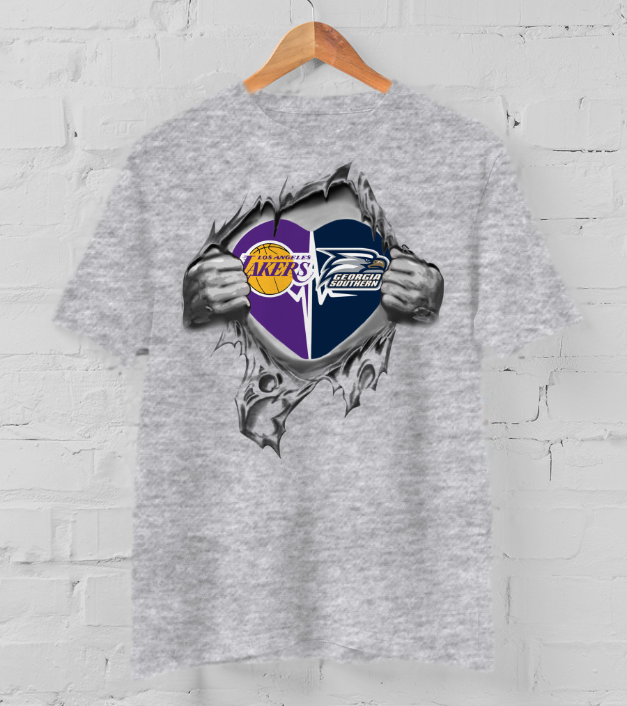Lakers Georgia Southern Eagles Heart Torn Open Basketball And Football Passion T-Shirt