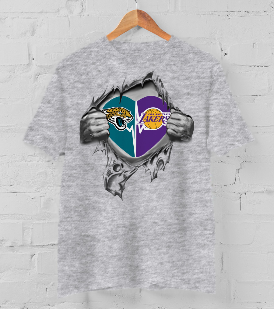 Lakers Jacksonville Jaguars Heart Logos With Hands And Torn Fabric T-Shirt