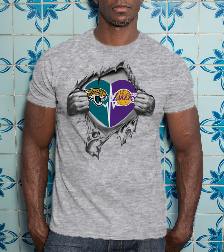 Lakers Jacksonville Jaguars Heart Logos With Hands And Torn Fabric T-Shirt
