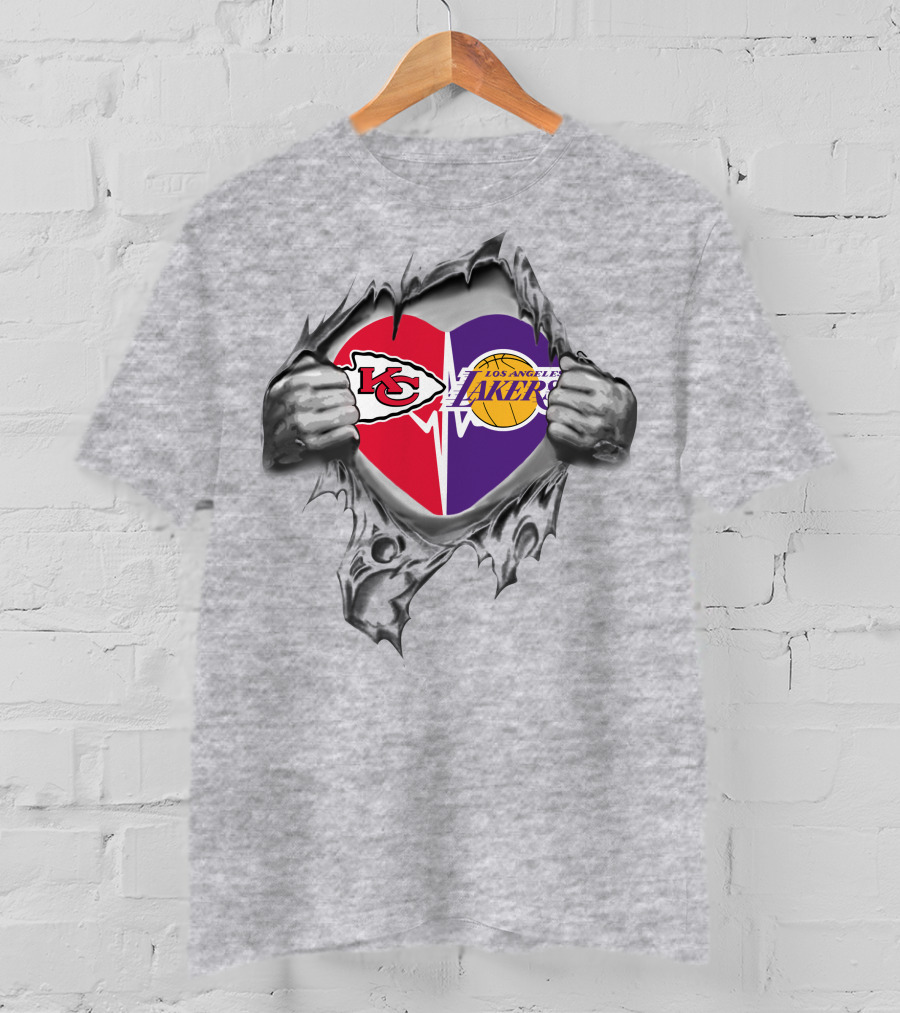 Kansas City Chiefs Los Angeles Lakers Heart Logo With Hands Ripping Through T-Shirt