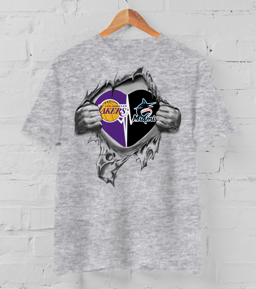 Los Angeles Lakers Miami Marlins Heart T-Shirt