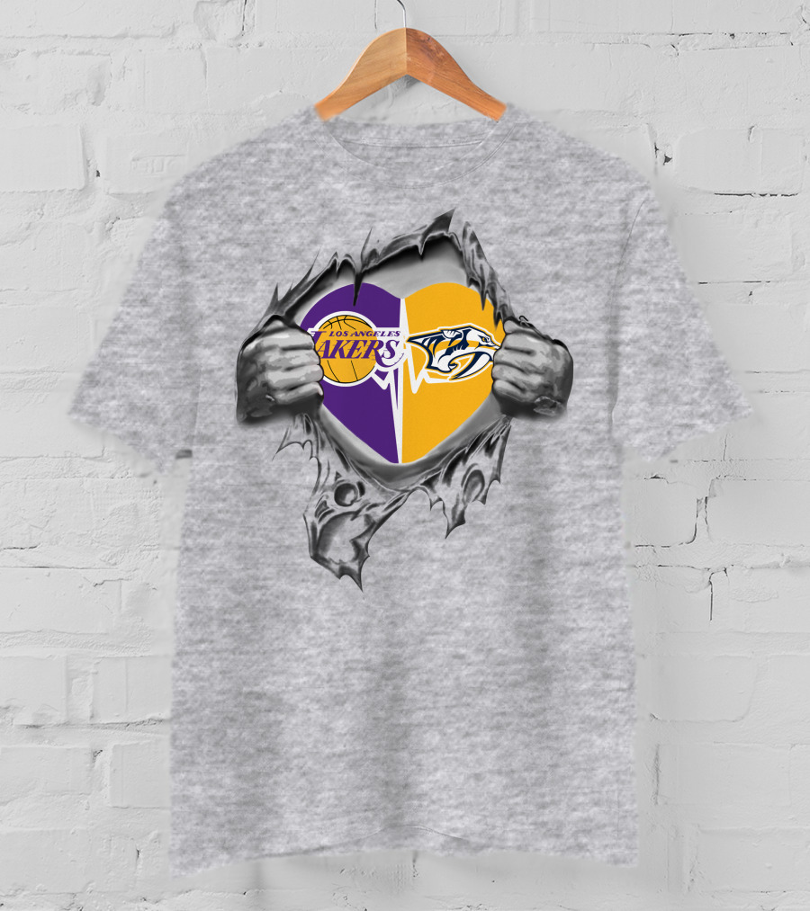 Los Angeles Lakers Nashville Predators Heart Torn Gray T-Shirt