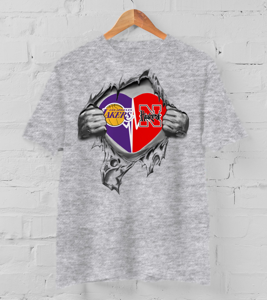 Los Angeles Lakers Nebraska Cornhuskers Heart Tear T-Shirt
