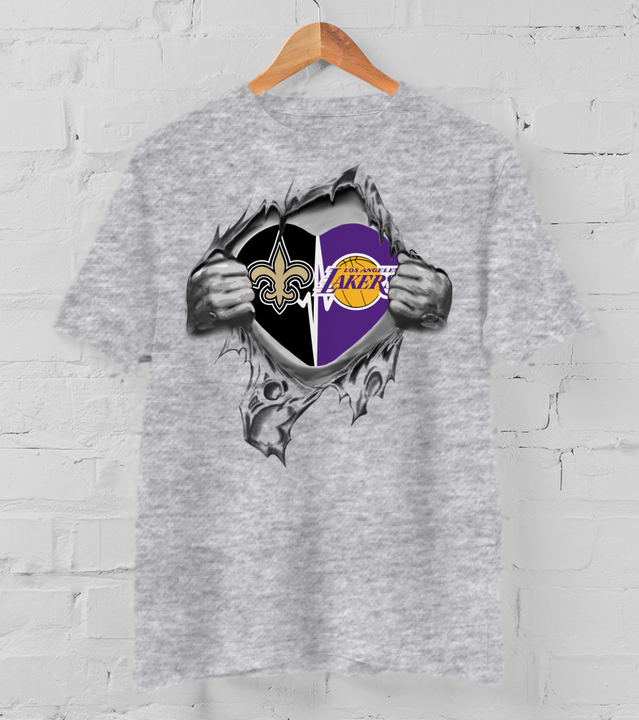 Lakers New Orleans Saints Heart With Logos Tearing T-Shirt