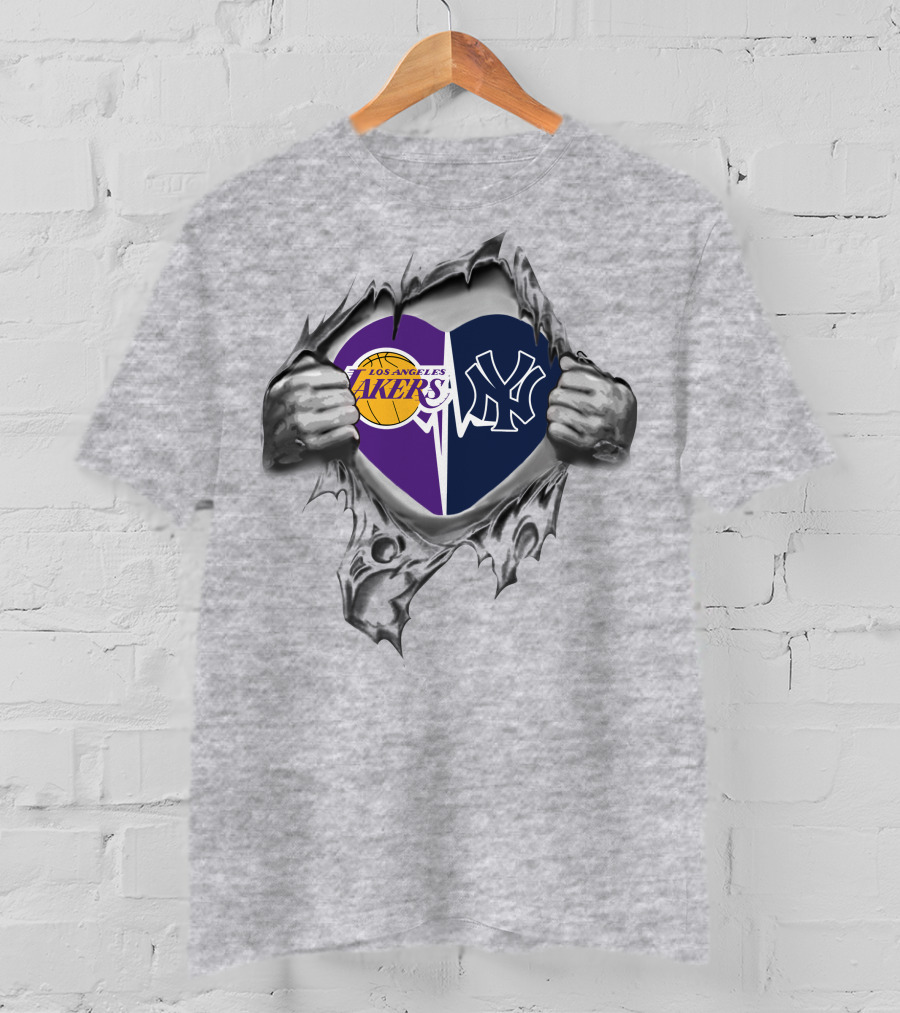 Los Angeles Lakers New York Yankees Heart T-Shirt