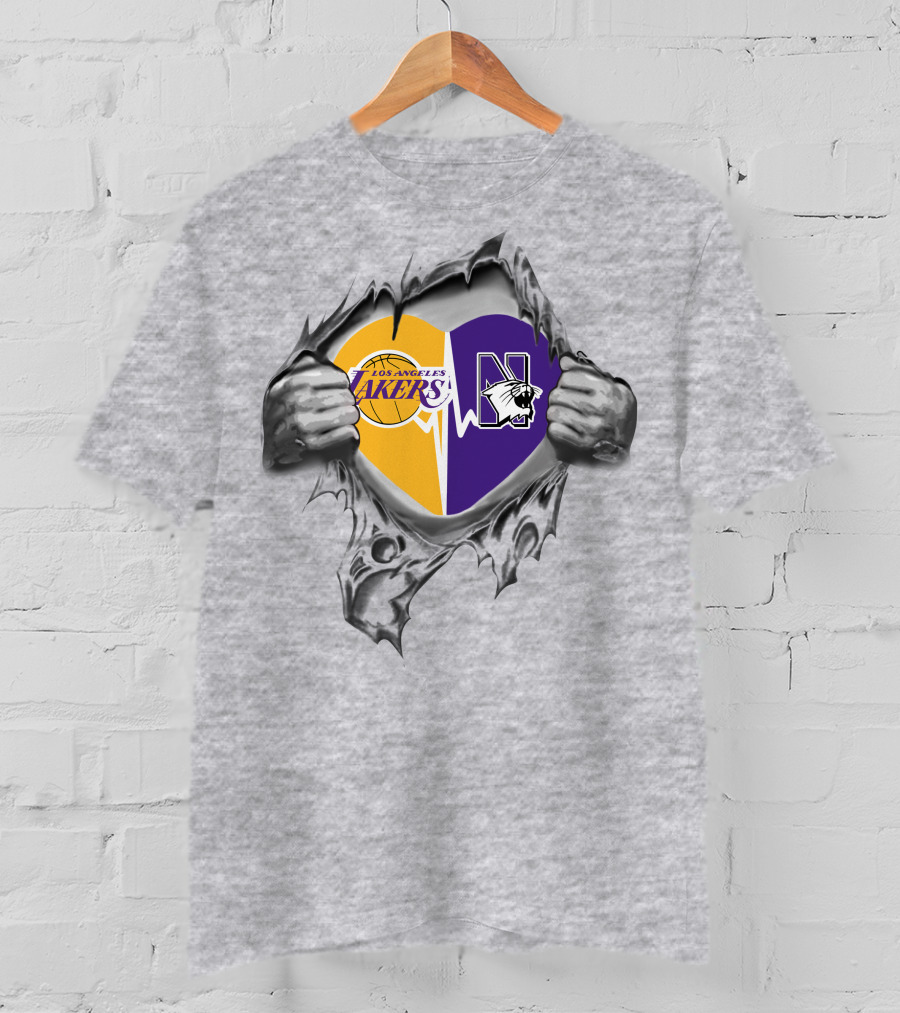 Los Angeles Lakers Northwestern Wildcats Heartbeat Hands Peeling T-Shirt
