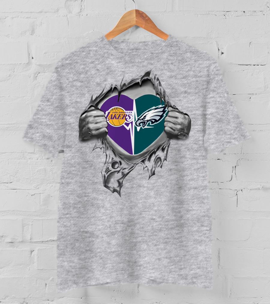 Los Angeles Lakers Philadelphia Eagles Heart Ripped T-Shirt