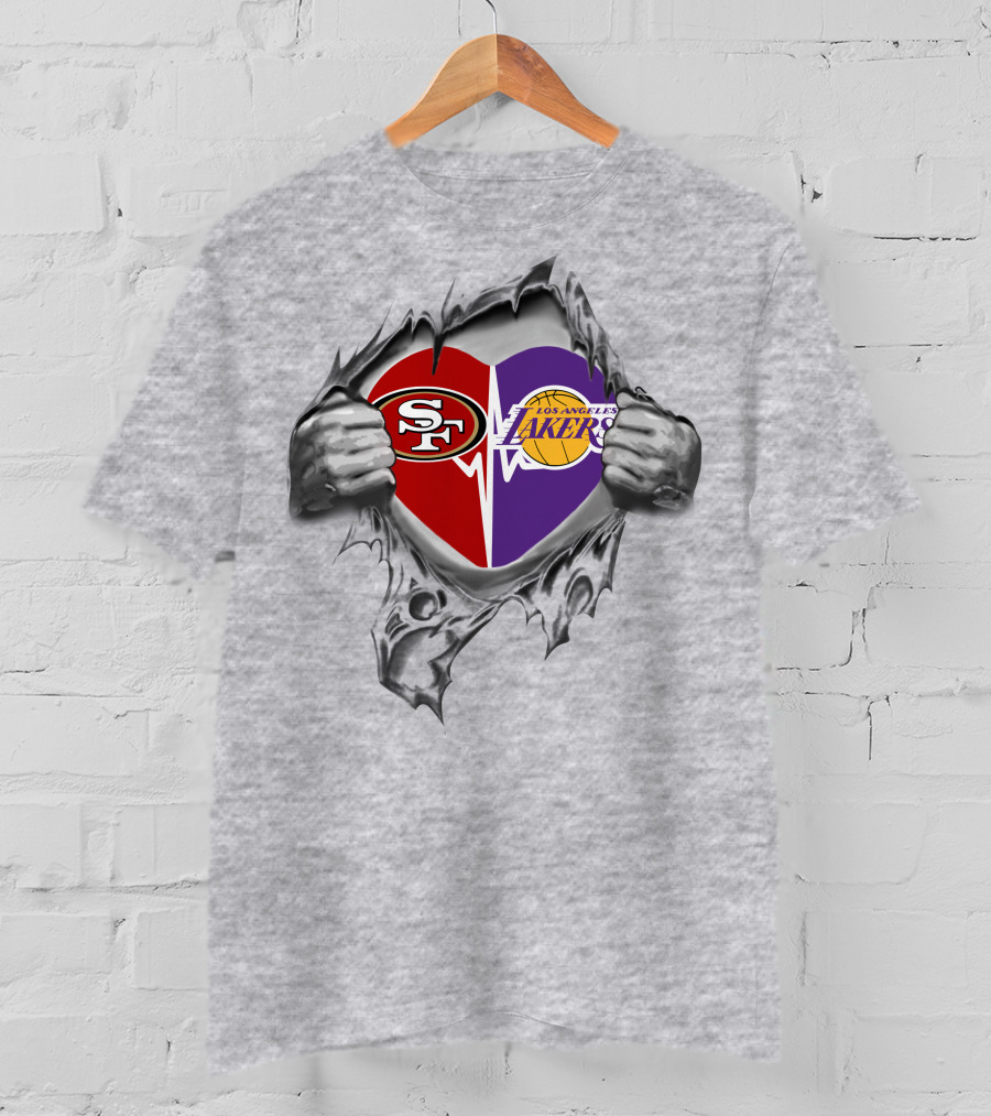 Lakers San Francisco 49ers Heart Logos Burst T-Shirt